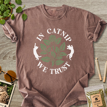 Espresso colored Comfort Colors 1717 cotton T-shirt, featuring a "In Catnip We Trust" funny cat design illustration. One Meow Two Souls brand.