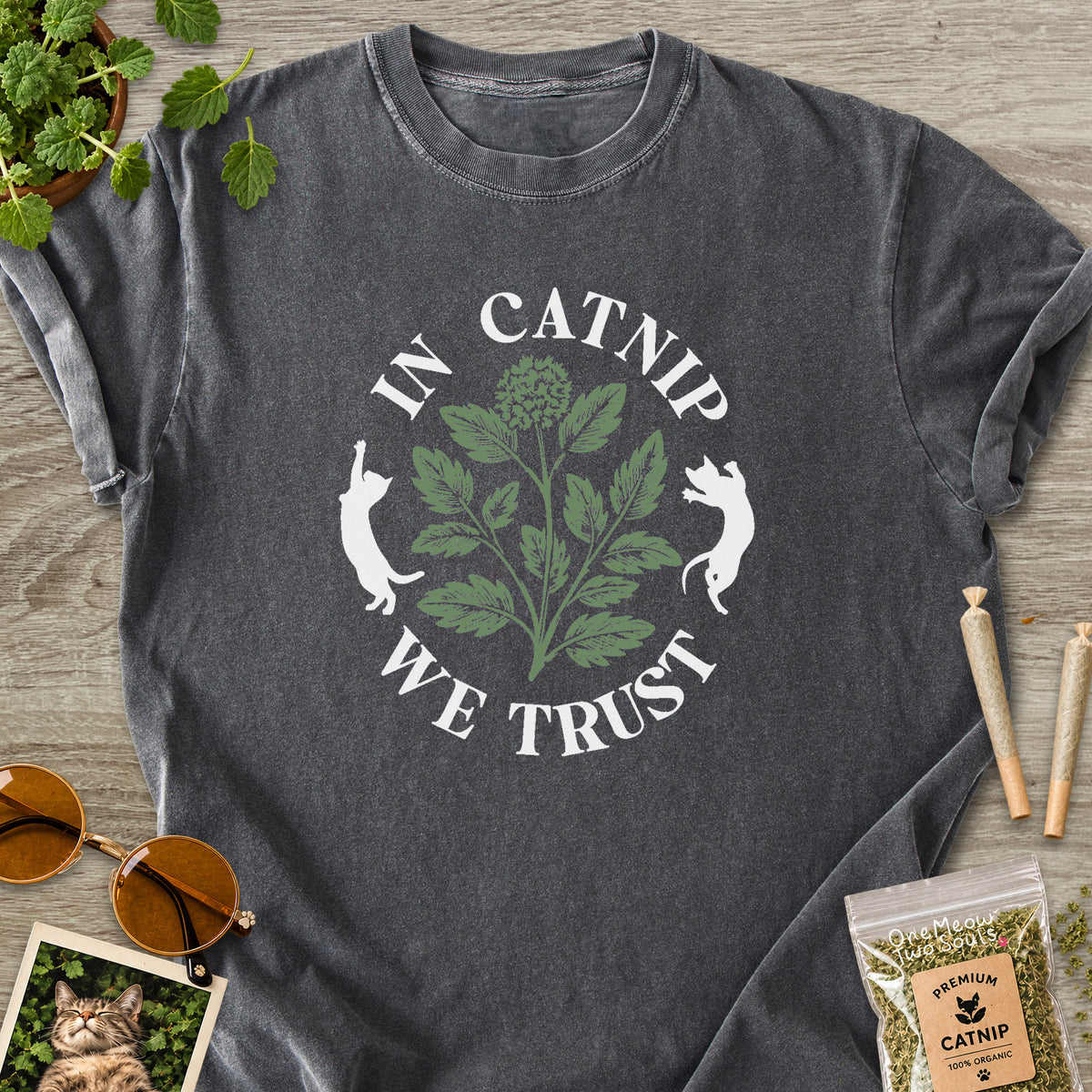 Pepper colored Comfort Colors 1717 cotton T-shirt, featuring a "In Catnip We Trust" funny cat design illustration. One Meow Two Souls brand.
