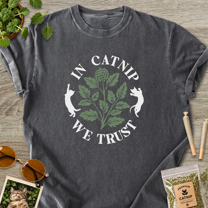 Pepper colored Comfort Colors 1717 cotton T-shirt, featuring a "In Catnip We Trust" funny cat design illustration. One Meow Two Souls brand.