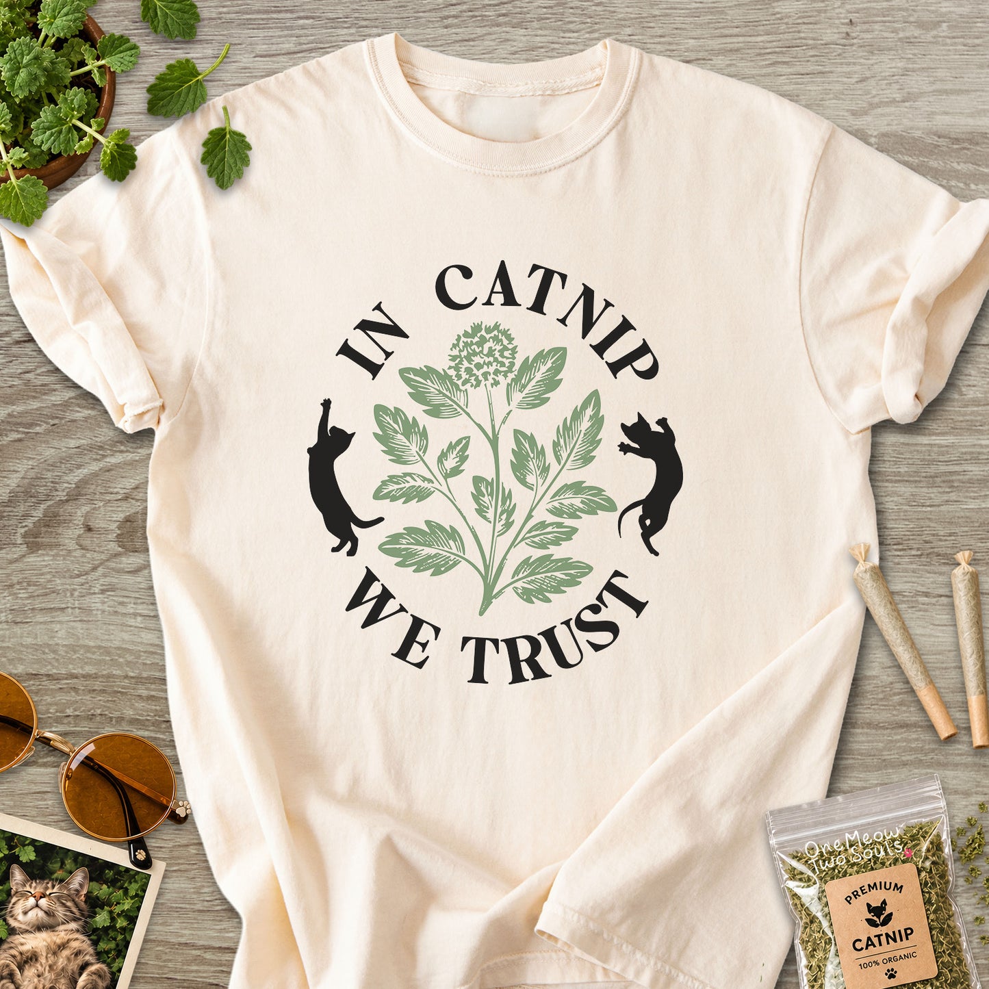 Ivory colored Comfort Colors 1717 cotton T-shirt, featuring a "In Catnip We Trust" funny cat design illustration. One Meow Two Souls brand.