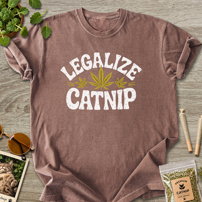 Espresso colored Comfort Colors 1717 cotton T-shirt, featuring a "Legalize Catnip" funny cat design illustration. One Meow Two Souls brand.