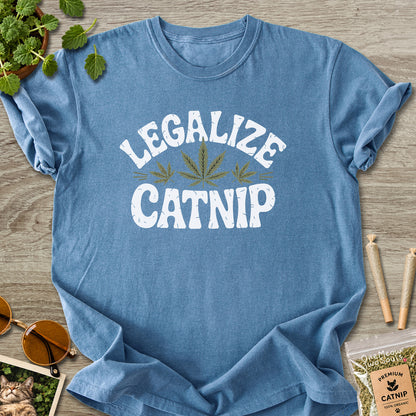 Blue jean colored Comfort Colors 1717 cotton T-shirt, featuring a "Legalize Catnip" funny cat design illustration. One Meow Two Souls brand.