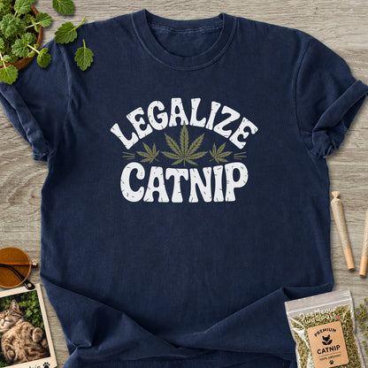 Navy colored Comfort Colors 1717 cotton T-shirt, featuring a "Legalize Catnip" funny cat design illustration. One Meow Two Souls brand.