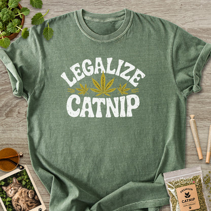 Moss colored Comfort Colors 1717 cotton T-shirt, featuring a "Legalize Catnip" funny cat design illustration. One Meow Two Souls brand.