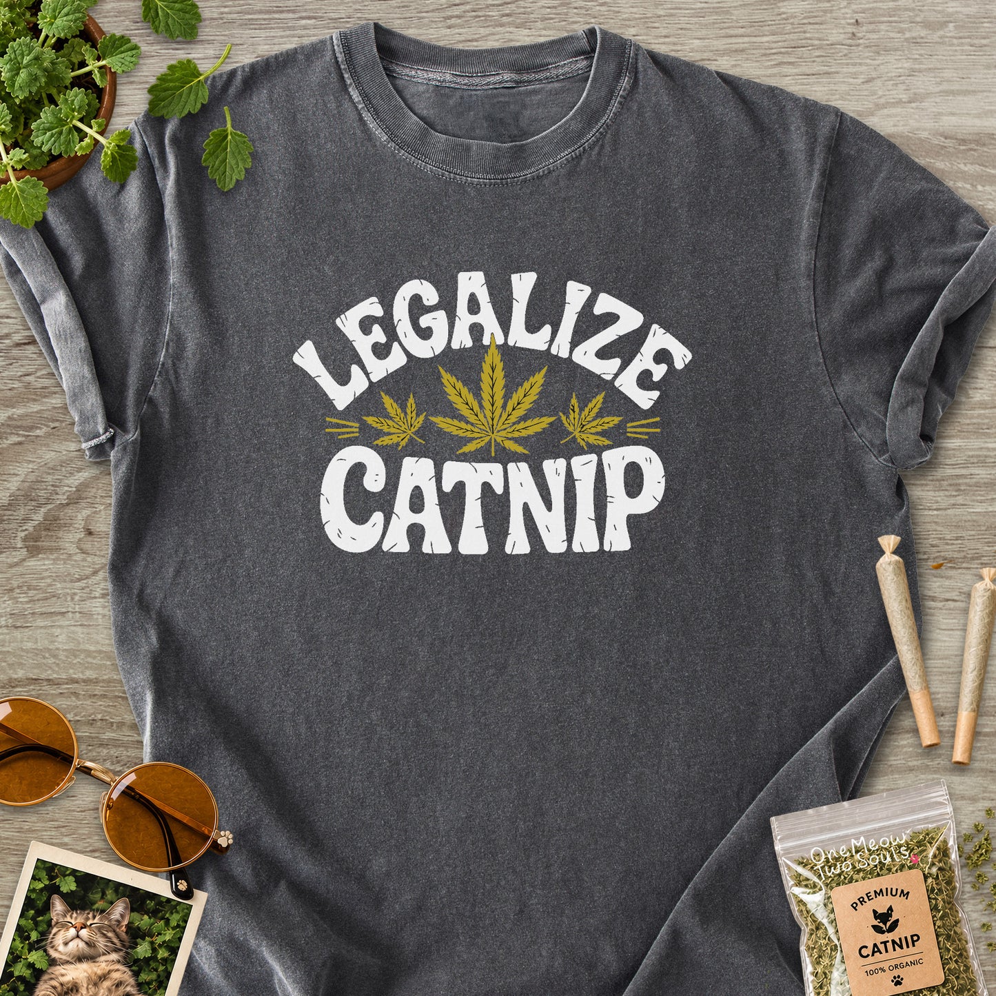 Pepper colored Comfort Colors 1717 cotton T-shirt, featuring a "Legalize Catnip" funny cat design illustration. One Meow Two Souls brand.