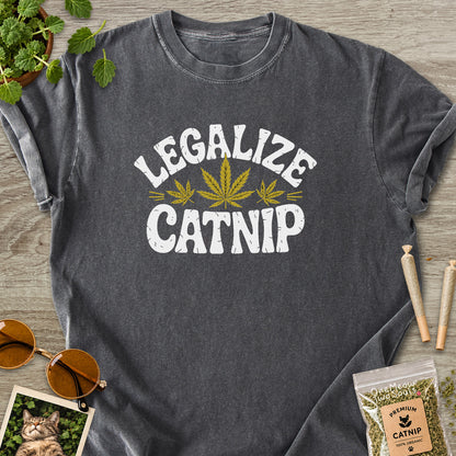 Pepper colored Comfort Colors 1717 cotton T-shirt, featuring a "Legalize Catnip" funny cat design illustration. One Meow Two Souls brand.