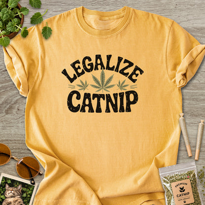 Mustard colored Comfort Colors 1717 cotton T-shirt, featuring a "Legalize Catnip" funny cat design illustration. One Meow Two Souls brand.