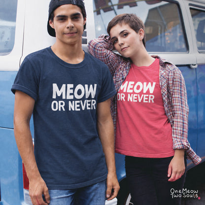 Two models posing in front of a blue vehicle, wearing matching graphic t-shirts with the text 'MEOW OR NEVER' in white. The model on the left wears a navy blue shirt, and the model on the right wears a coral pink shirt under an open red-and-blue plaid flannel shirt. One Meow Two Souls brand.