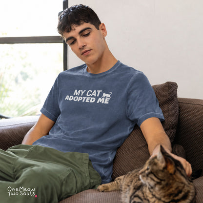 Blue Jean colored Comfort Colors 1717 cotton T-shirt, featuring a "My Cat Adopted Me" funny cat design illustration. One Meow Two Souls brand.