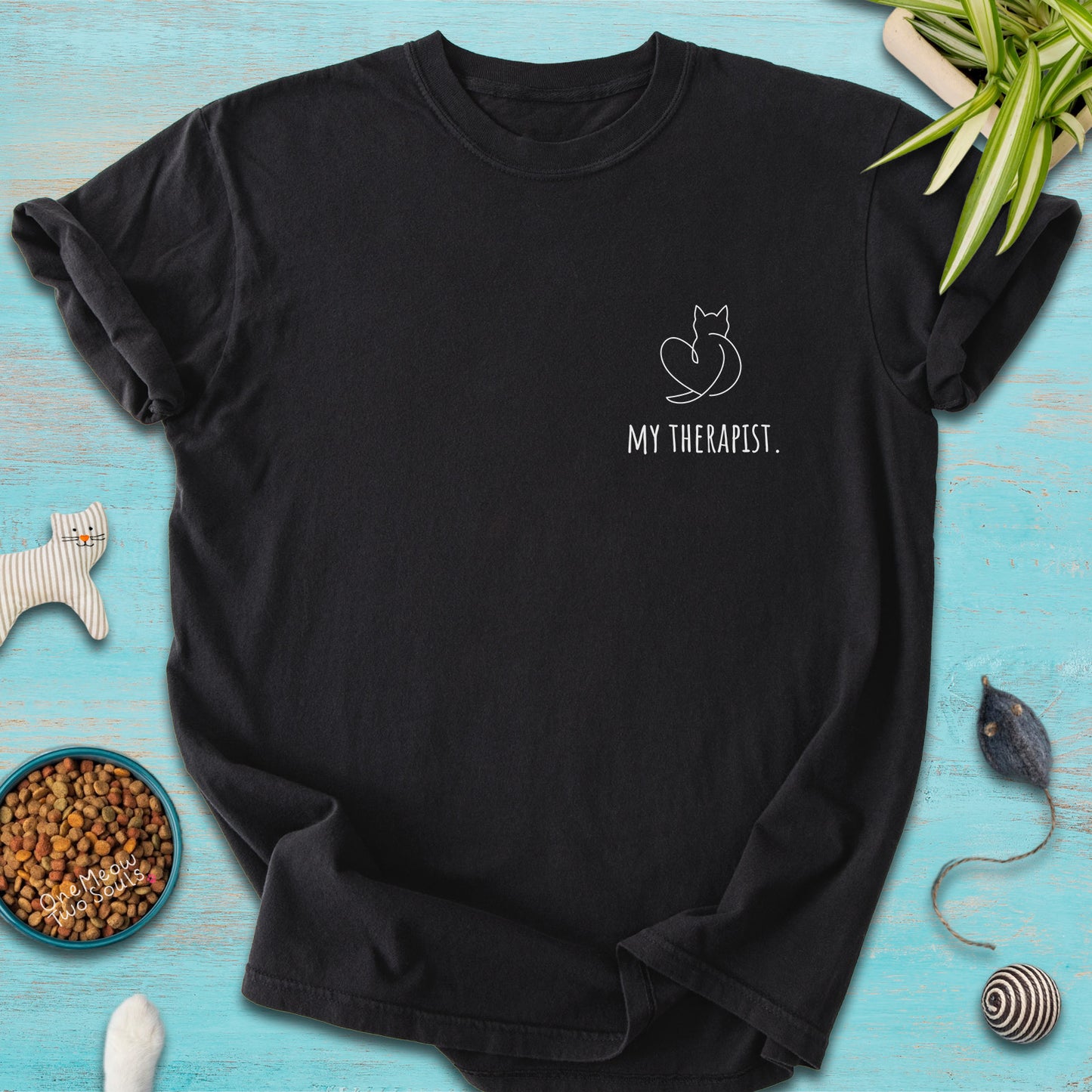 Black colored Comfort Colors 1717 t-shirt with a minimal "My Therapist" cat design. One Meow Two Souls brand.
