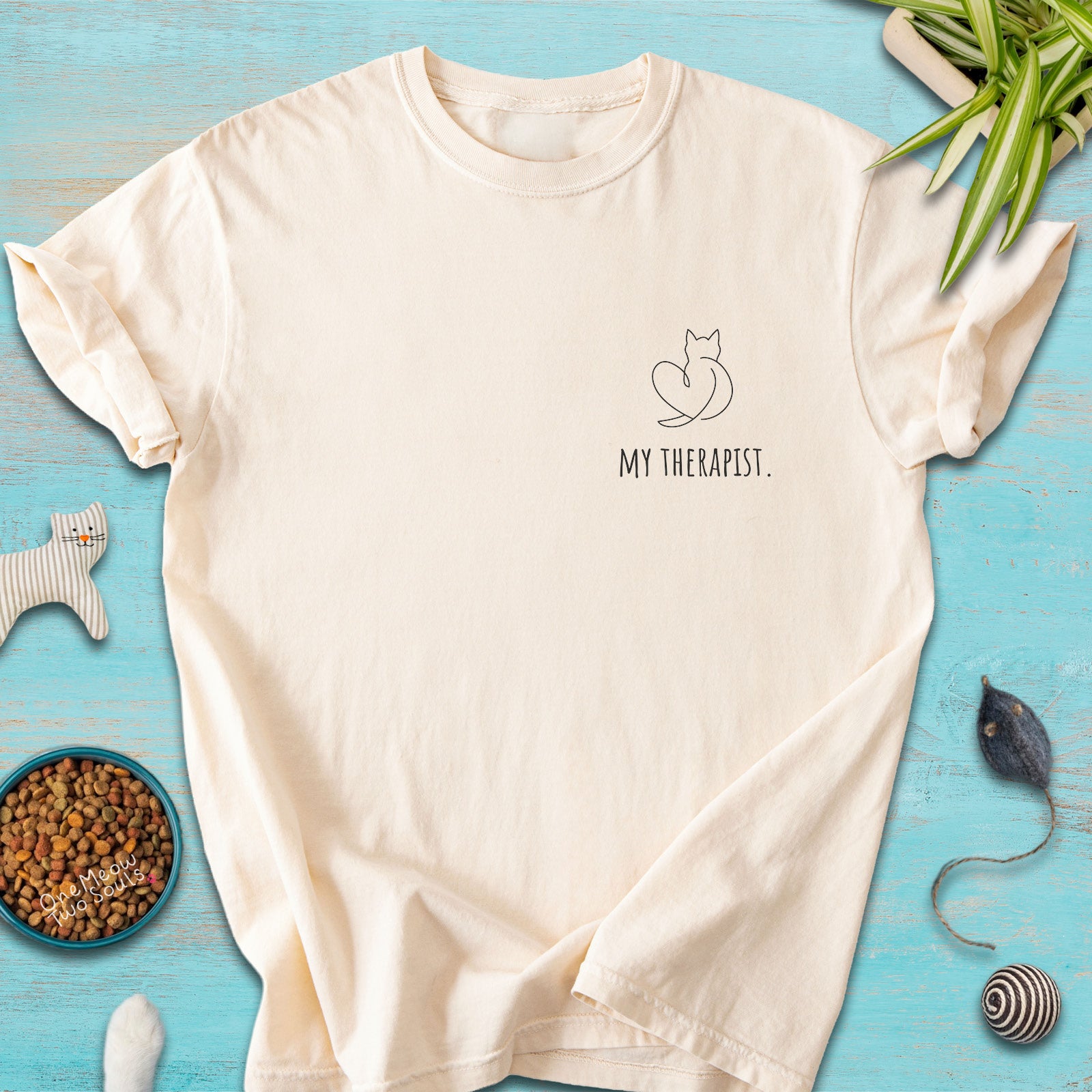 Ivory colored Comfort Colors 1717 t-shirt with a minimal "My Therapist" cat design. One Meow Two Souls brand.