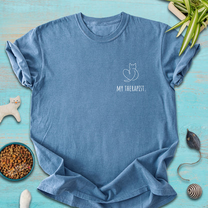 Blue jean colored Comfort Colors 1717 t-shirt with a minimal "My Therapist" cat design. One Meow Two Souls brand.