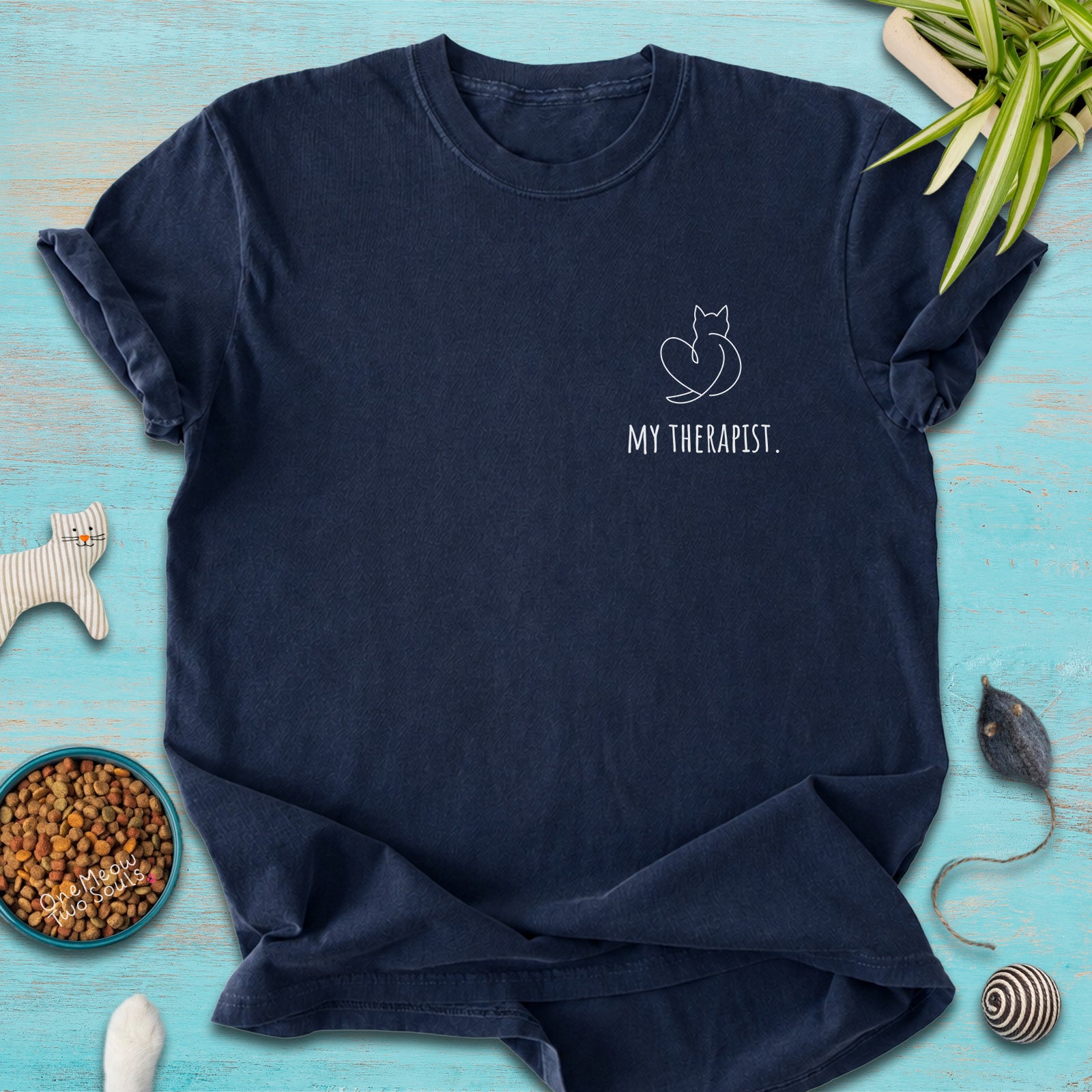 Navy colored Comfort Colors 1717 t-shirt with a minimal "My Therapist" cat design. One Meow Two Souls brand.