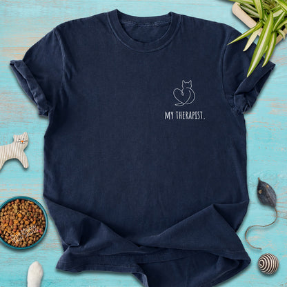 Navy colored Comfort Colors 1717 t-shirt with a minimal "My Therapist" cat design. One Meow Two Souls brand.