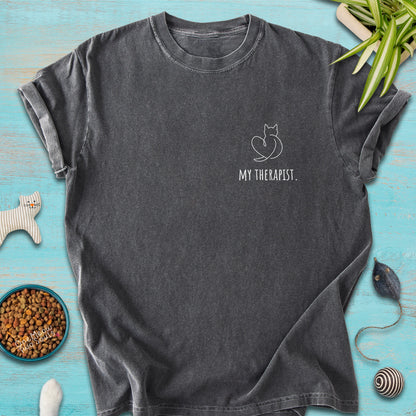 Pepper colored Comfort Colors 1717 t-shirt with a minimal "My Therapist" cat design. One Meow Two Souls brand.