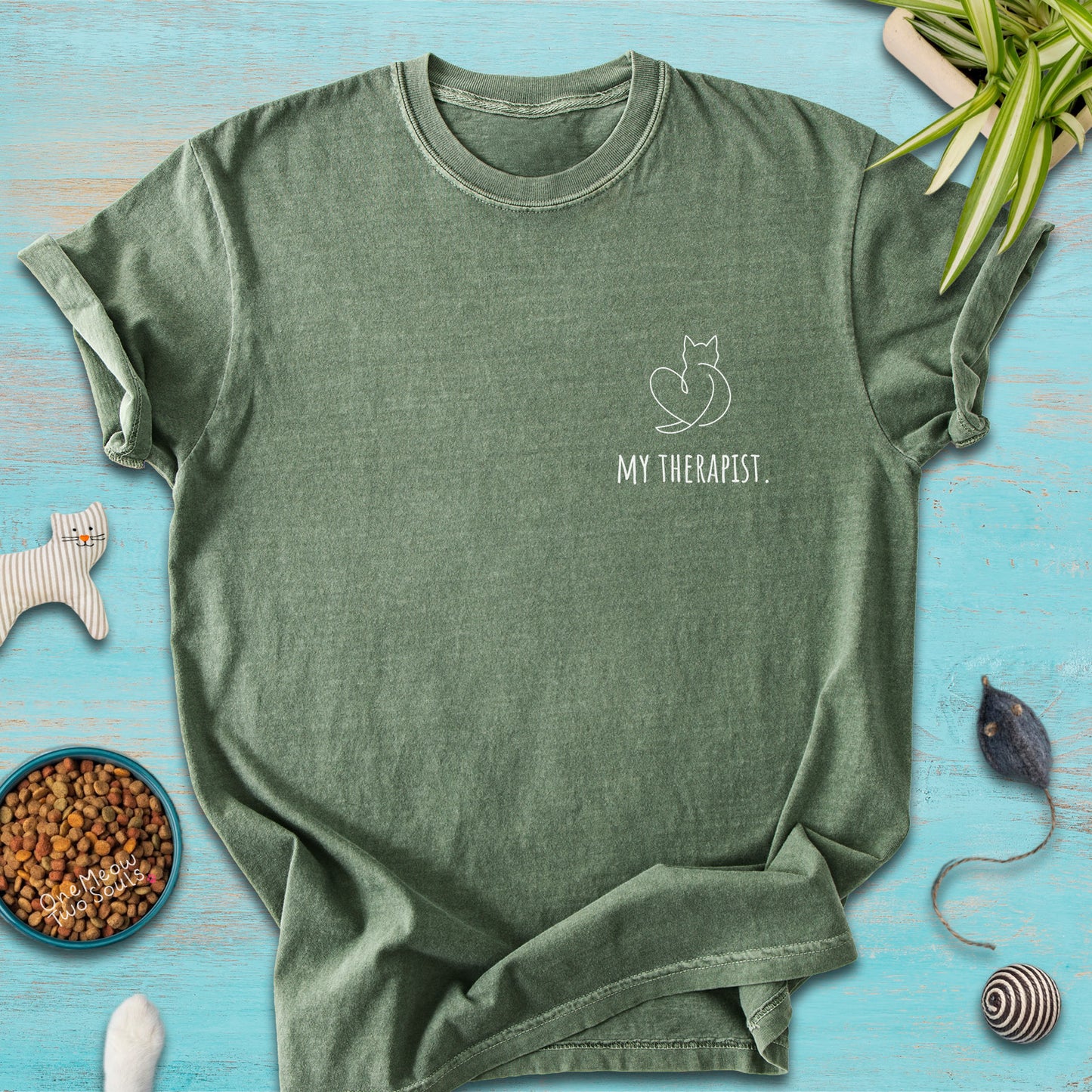 Moss colored Comfort Colors 1717 t-shirt with a minimal "My Therapist" cat design. One Meow Two Souls brand.