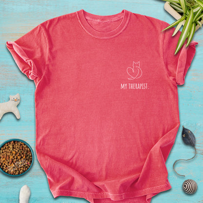 Watermelon colored Comfort Colors 1717 t-shirt with a minimal "My Therapist" cat design. One Meow Two Souls brand.
