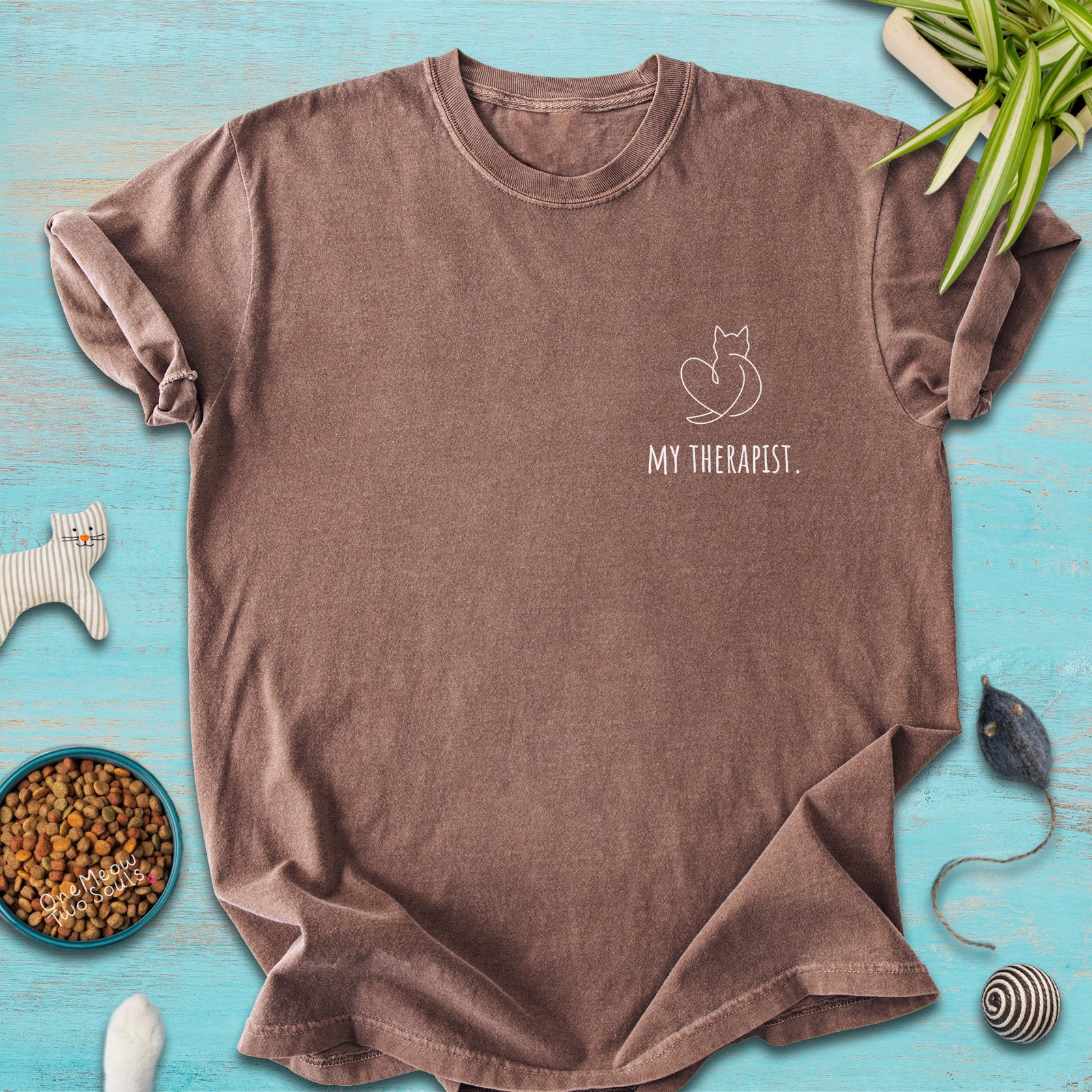 Espresso colored Comfort Colors 1717 t-shirt with a minimal "My Therapist" cat design. One Meow Two Souls brand.