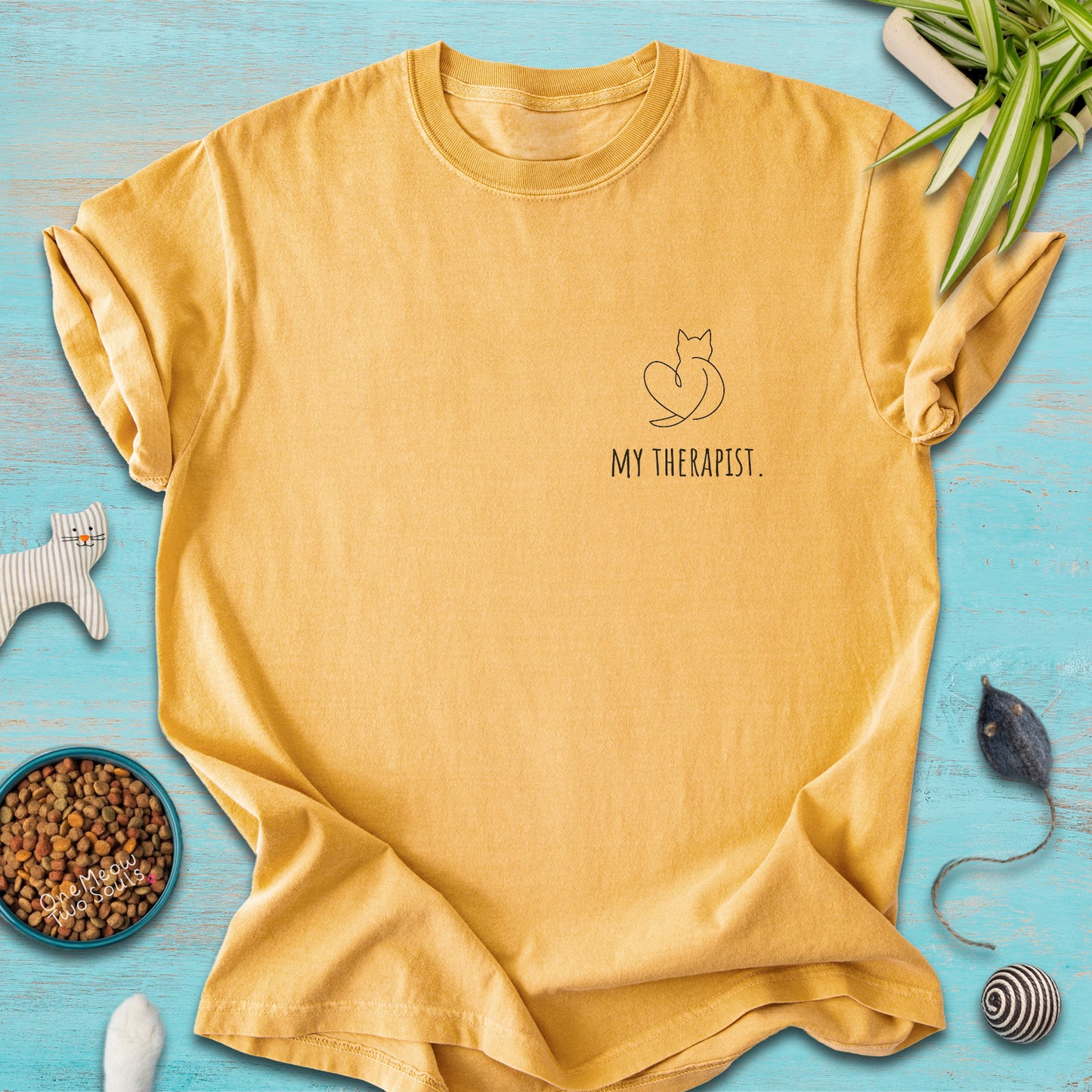Mustard colored Comfort Colors 1717 t-shirt with a minimal "My Therapist" cat design. One Meow Two Souls brand.