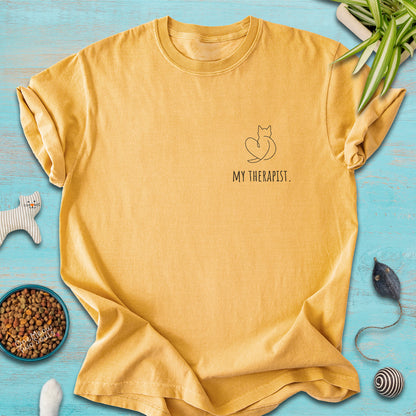 Mustard colored Comfort Colors 1717 t-shirt with a minimal "My Therapist" cat design. One Meow Two Souls brand.