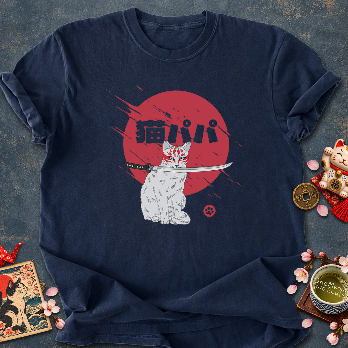 Navy colored Comfort Colors 1717 cotton T-shirt, featuring a "Neko Papa - Cat Daddy" Japanese cat design illustration. One Meow Two Souls brand.