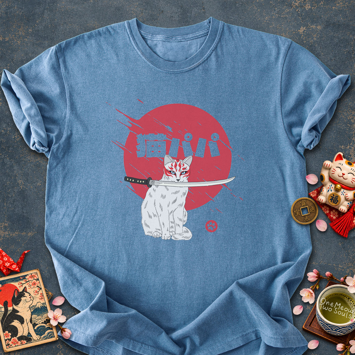 Blue Jean colored Comfort Colors 1717 cotton T-shirt, featuring a "Neko Papa - Cat Daddy" Japanese cat design illustration. One Meow Two Souls brand.