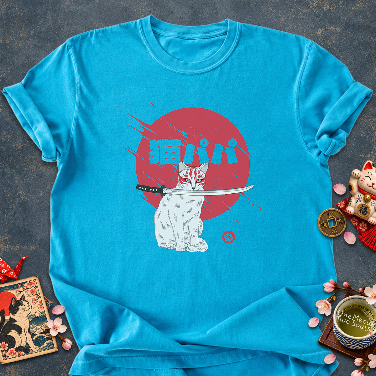 Sapphire colored Comfort Colors 1717 cotton T-shirt, featuring a "Neko Papa - Cat Daddy" Japanese cat design illustration. One Meow Two Souls brand.