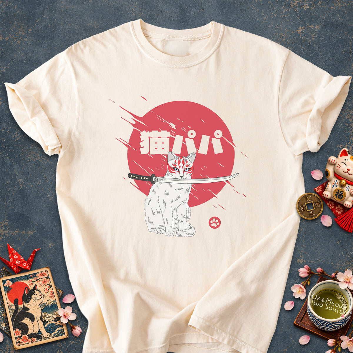 Ivory colored Comfort Colors 1717 cotton T-shirt, featuring a "Neko Papa - Cat Daddy" Japanese cat design illustration. One Meow Two Souls brand.