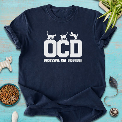 Navy colored Comfort Colors 1717 t-shirt with a "OCD - Obsessive Cat Disorder" design. One Meow Two Souls brand.
