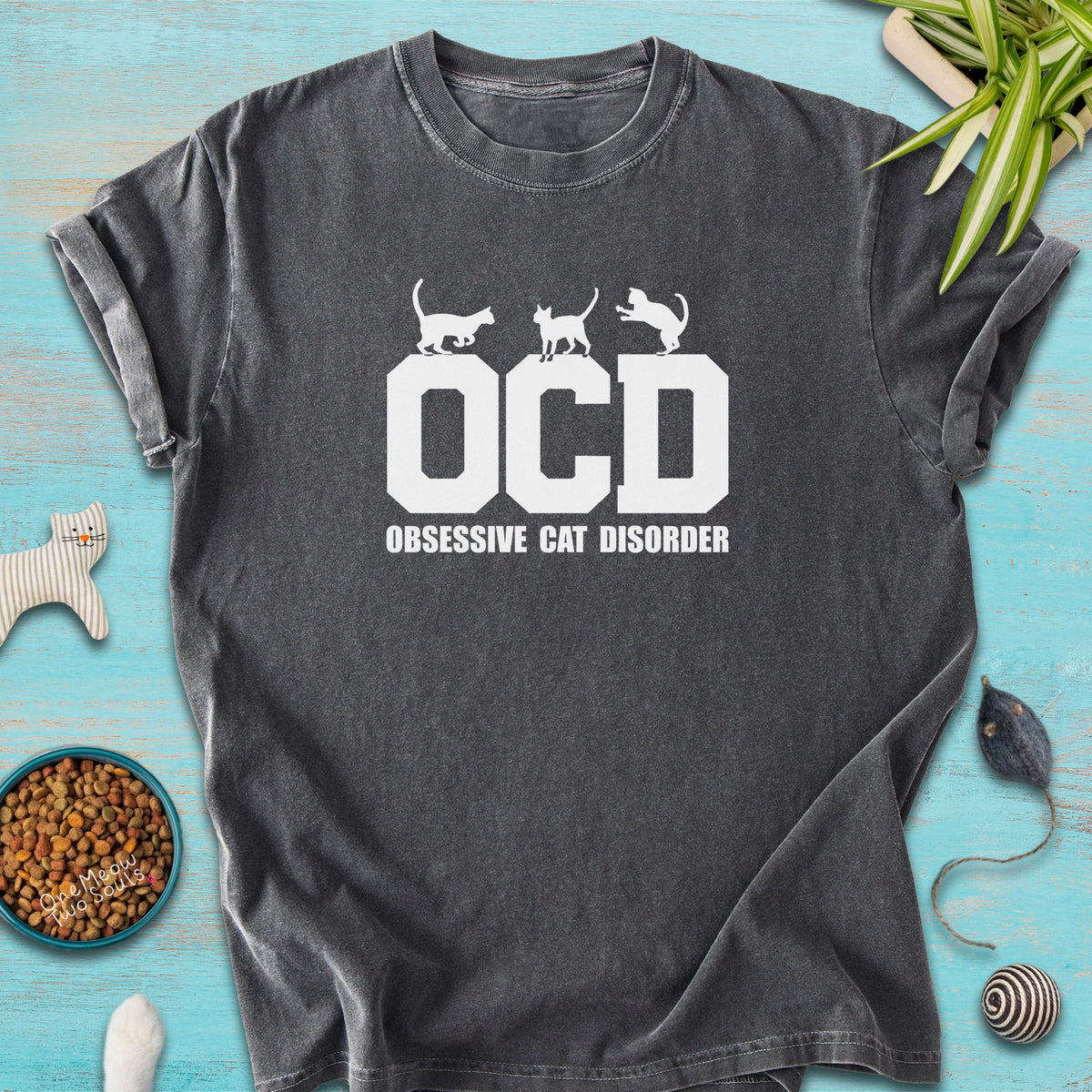 Pepper colored Comfort Colors 1717 t-shirt with a "OCD - Obsessive Cat Disorder" design. One Meow Two Souls brand.