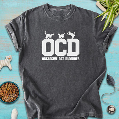 Pepper colored Comfort Colors 1717 t-shirt with a "OCD - Obsessive Cat Disorder" design. One Meow Two Souls brand.