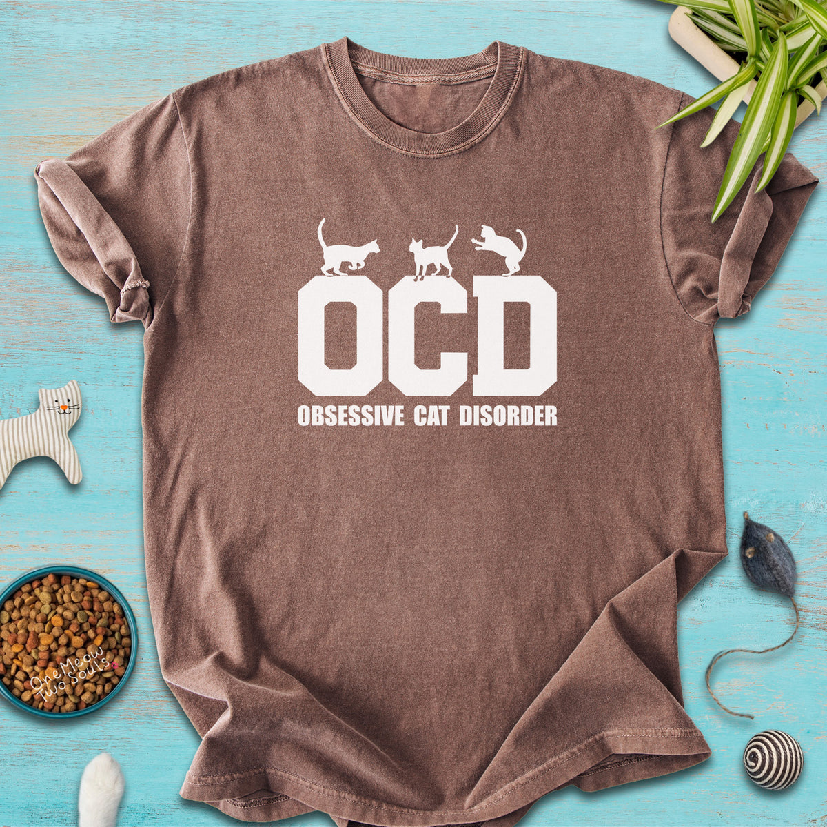 Espresso colored Comfort Colors 1717 t-shirt with a "OCD - Obsessive Cat Disorder" design. One Meow Two Souls brand.