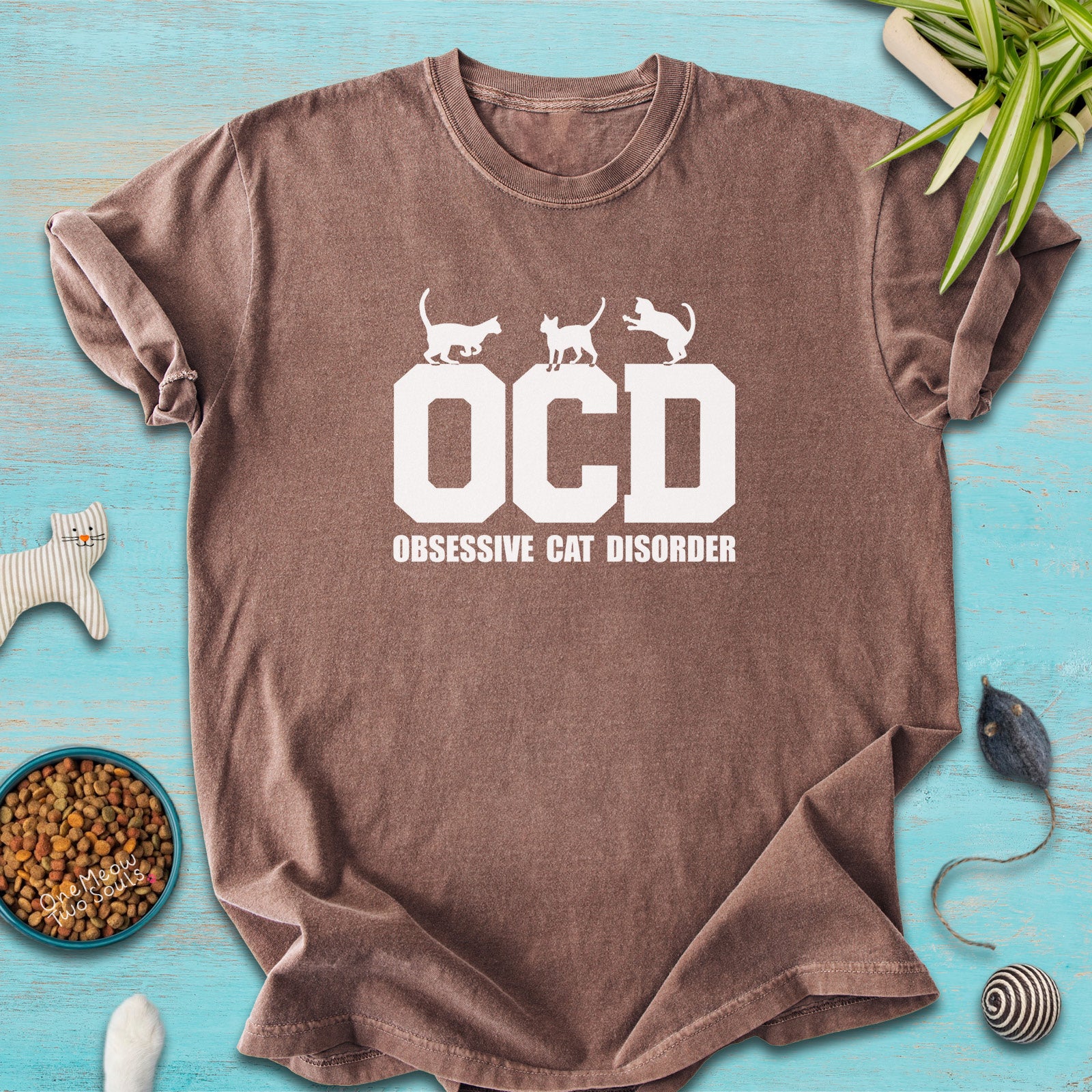 Espresso colored Comfort Colors 1717 t-shirt with a "OCD - Obsessive Cat Disorder" design. One Meow Two Souls brand.