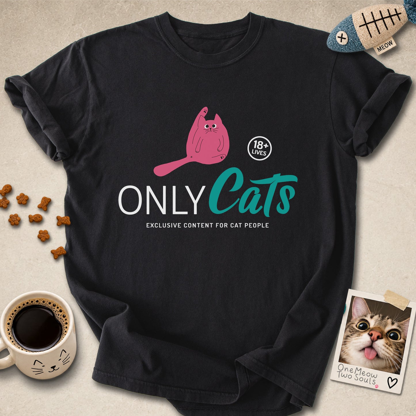 Black colored Comfort Colors 1717 cotton T-shirt, presenting a "Only Cats Exclusive Content For Cat People" funny cat design. One Meow Two Souls brand.