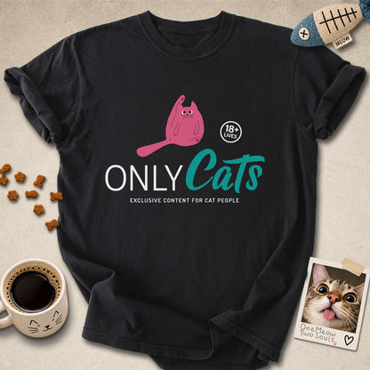 Black colored Comfort Colors 1717 cotton T-shirt, presenting a "Only Cats Exclusive Content For Cat People" funny cat design. One Meow Two Souls brand.