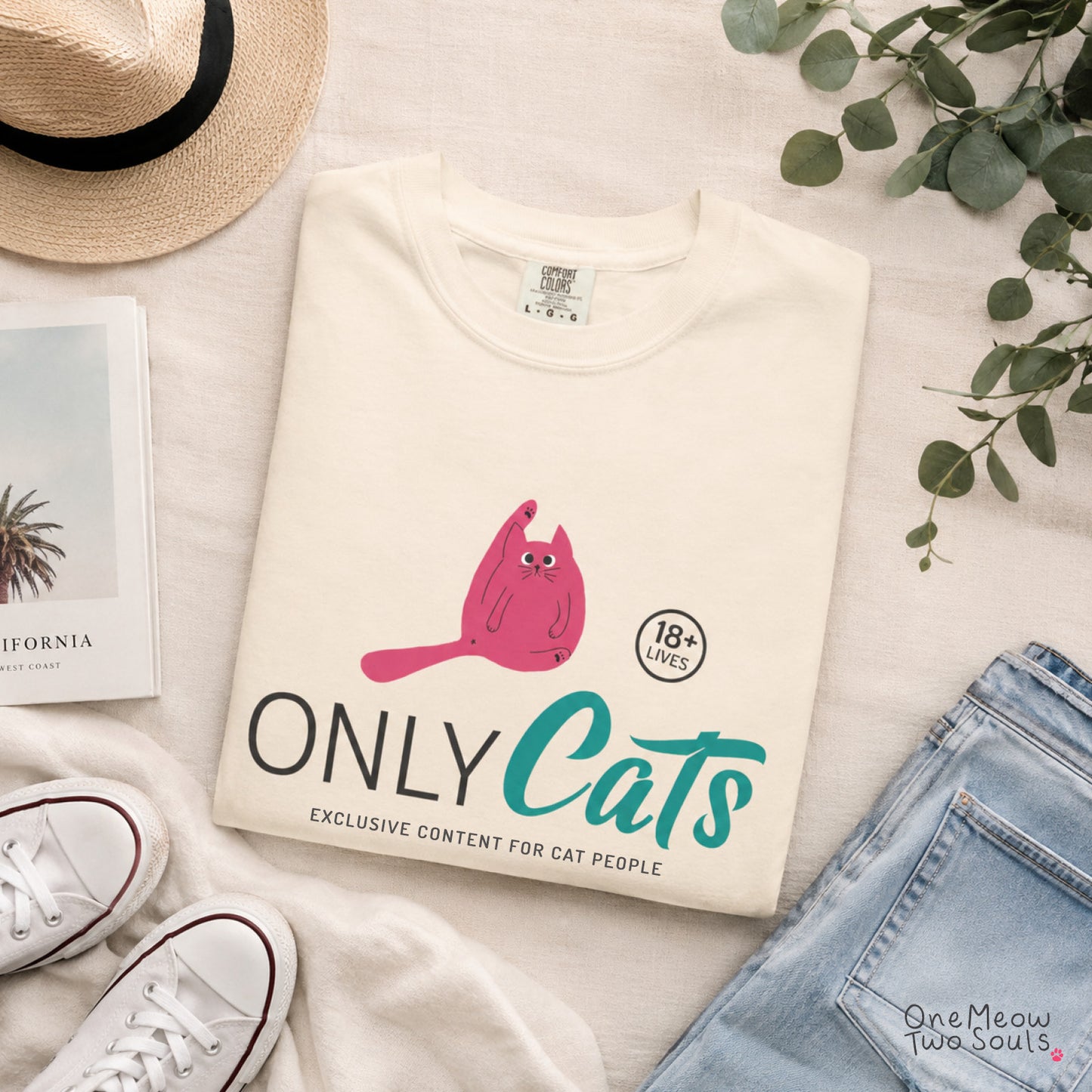 Ivory colored Comfort Colors 1717 cotton T-shirt, presenting a "Only Cats Exclusive Content For Cat People" funny cat design. One Meow Two Souls brand.