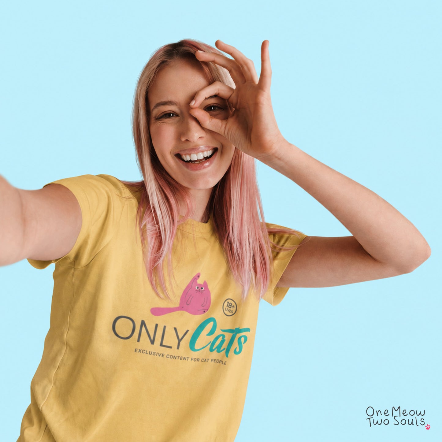 Mustard colored Comfort Colors 1717 cotton T-shirt, presenting a "Only Cats Exclusive Content For Cat People" funny cat design. One Meow Two Souls brand.