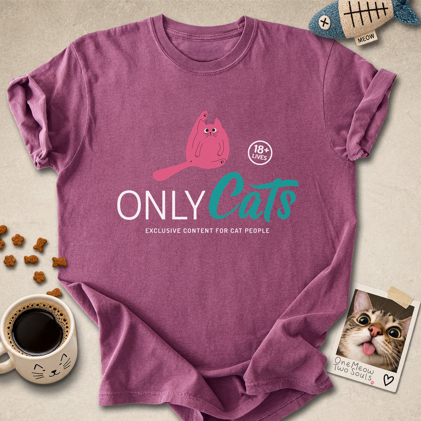 Berry colored Comfort Colors 1717 cotton T-shirt, presenting a "Only Cats Exclusive Content For Cat People" funny cat design. One Meow Two Souls brand.
