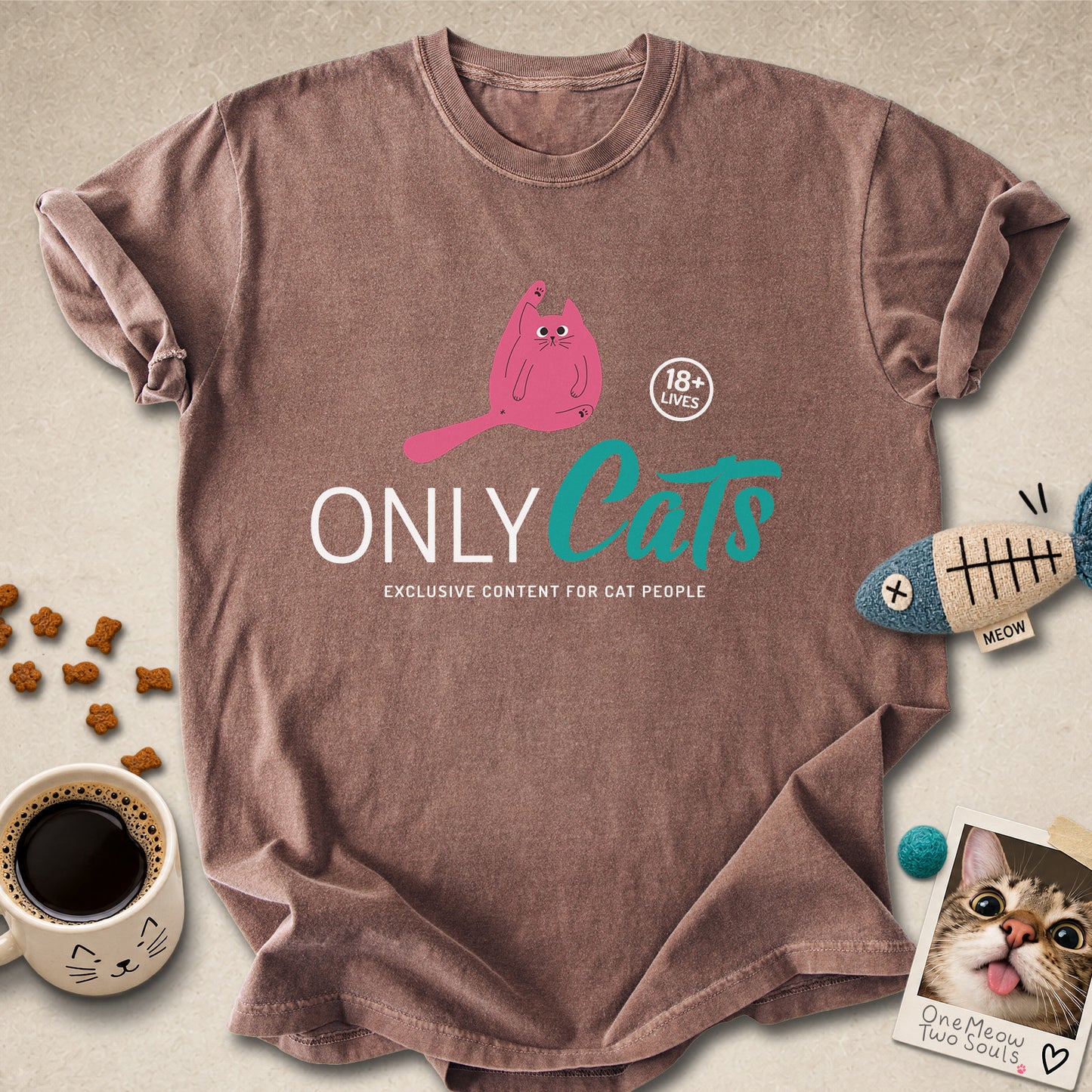 Espresso colored Comfort Colors 1717 cotton T-shirt, presenting a "Only Cats Exclusive Content For Cat People" funny cat design. One Meow Two Souls brand.