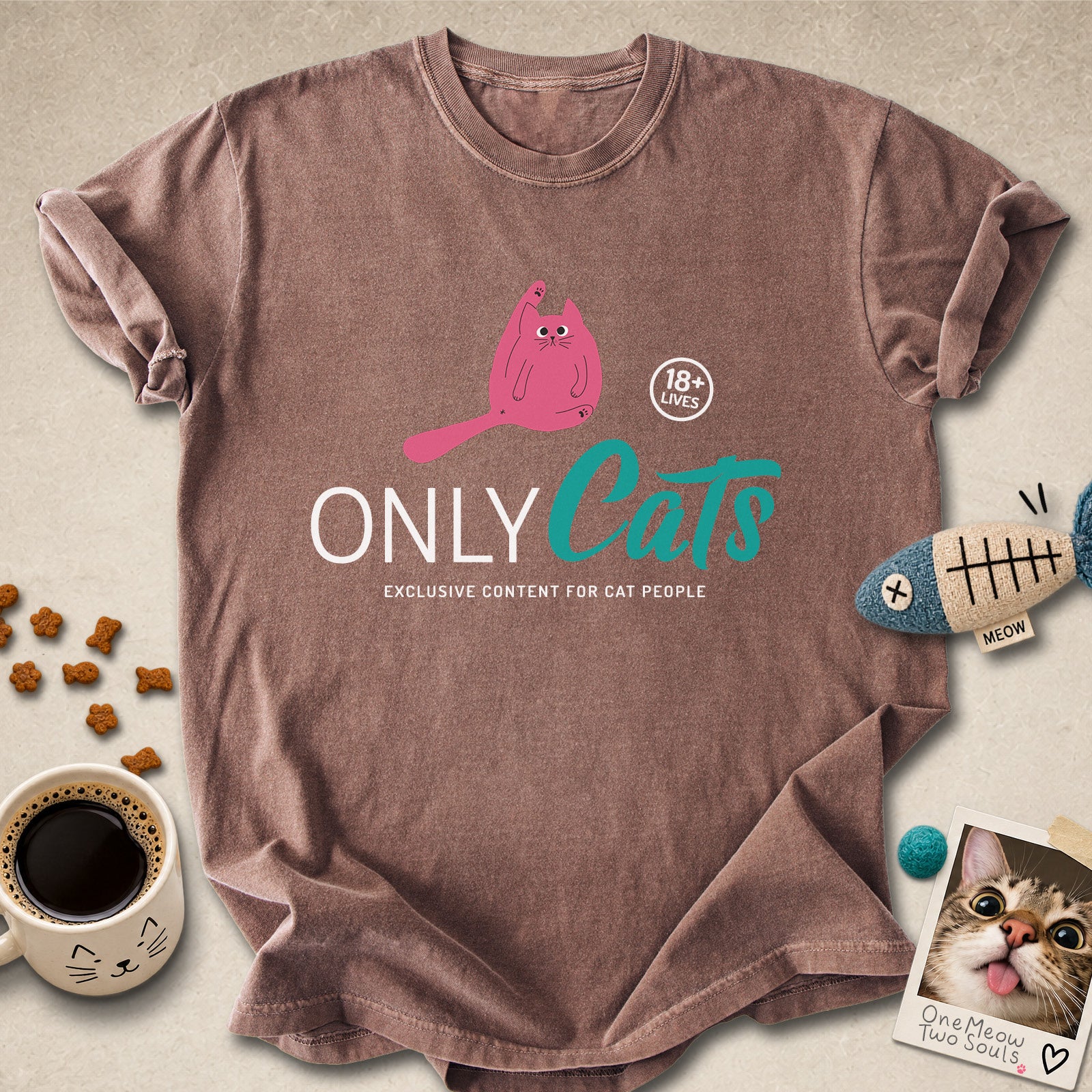 Espresso colored Comfort Colors 1717 cotton T-shirt, presenting a "Only Cats Exclusive Content For Cat People" funny cat design. One Meow Two Souls brand.
