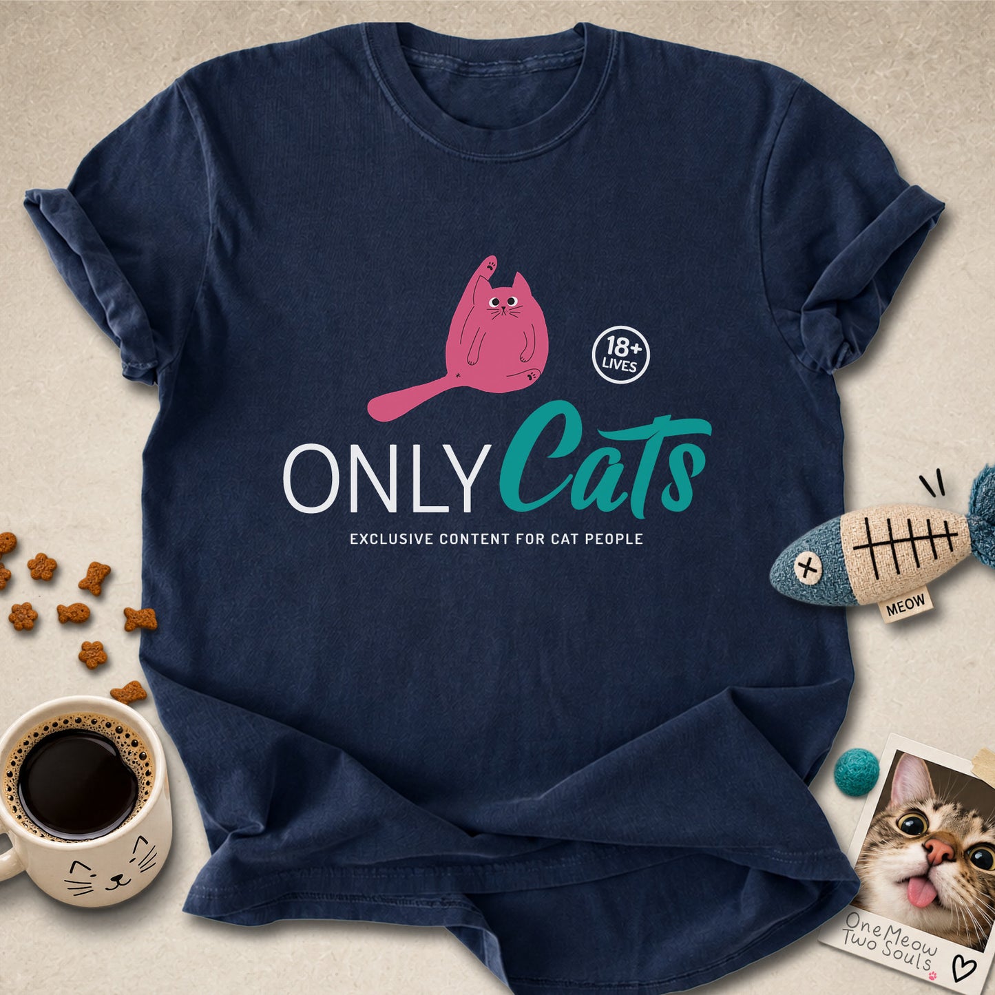 Navy colored Comfort Colors 1717 cotton T-shirt, presenting a "Only Cats Exclusive Content For Cat People" funny cat design. One Meow Two Souls brand.
