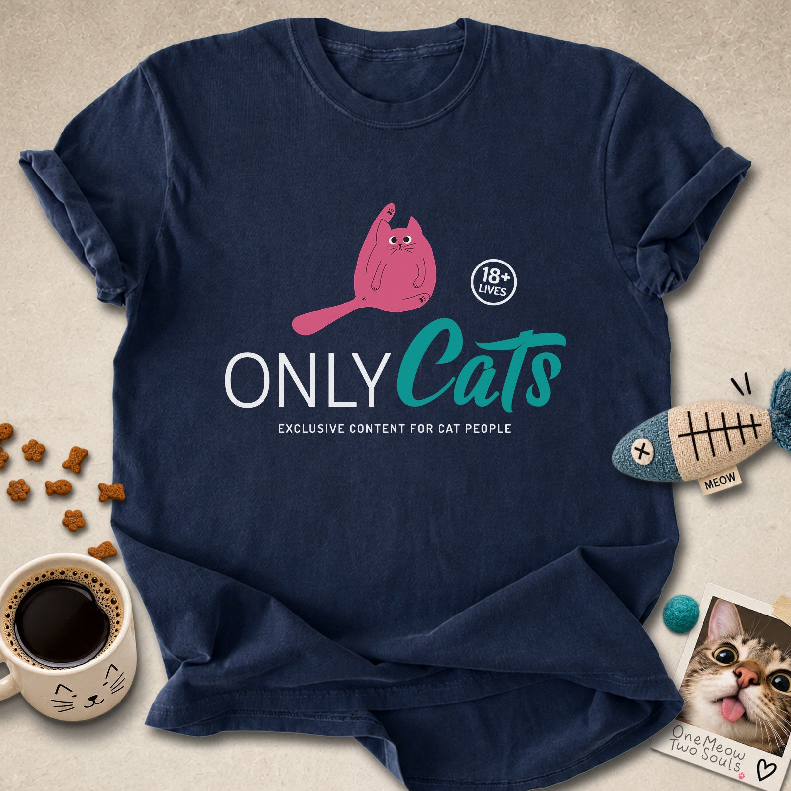 Navy colored Comfort Colors 1717 cotton T-shirt, presenting a "Only Cats Exclusive Content For Cat People" funny cat design. One Meow Two Souls brand.