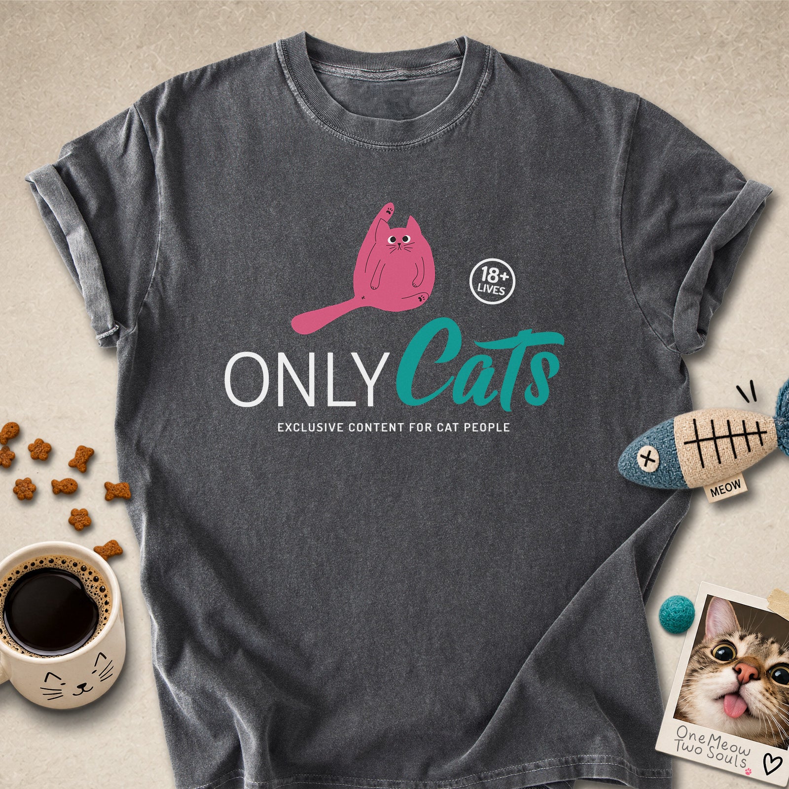 Pepper colored Comfort Colors 1717 cotton T-shirt, presenting a "Only Cats Exclusive Content For Cat People" funny cat design. One Meow Two Souls brand.