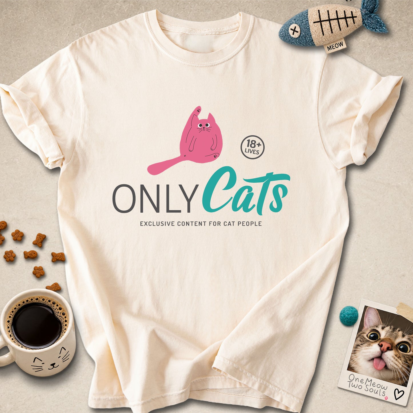 Ivory colored Comfort Colors 1717 cotton T-shirt, presenting a "Only Cats Exclusive Content For Cat People" funny cat design. One Meow Two Souls brand.