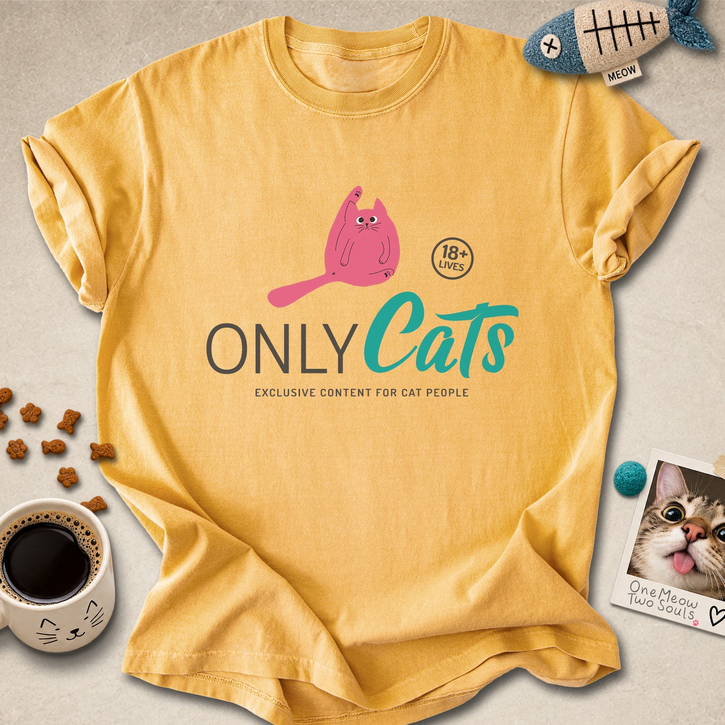 Mustard colored Comfort Colors 1717 cotton T-shirt, presenting a "Only Cats Exclusive Content For Cat People" funny cat design. One Meow Two Souls brand.