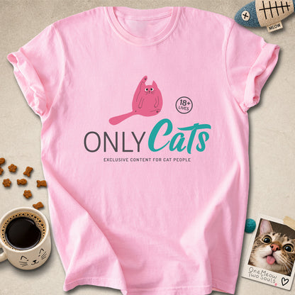 Blossom colored Comfort Colors 1717 cotton T-shirt, presenting a "Only Cats Exclusive Content For Cat People" funny cat design. One Meow Two Souls brand.
