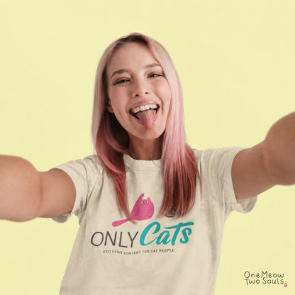 Ivory colored Comfort Colors 1717 cotton T-shirt, presenting a "Only Cats Exclusive Content For Cat People" funny cat design. One Meow Two Souls brand.