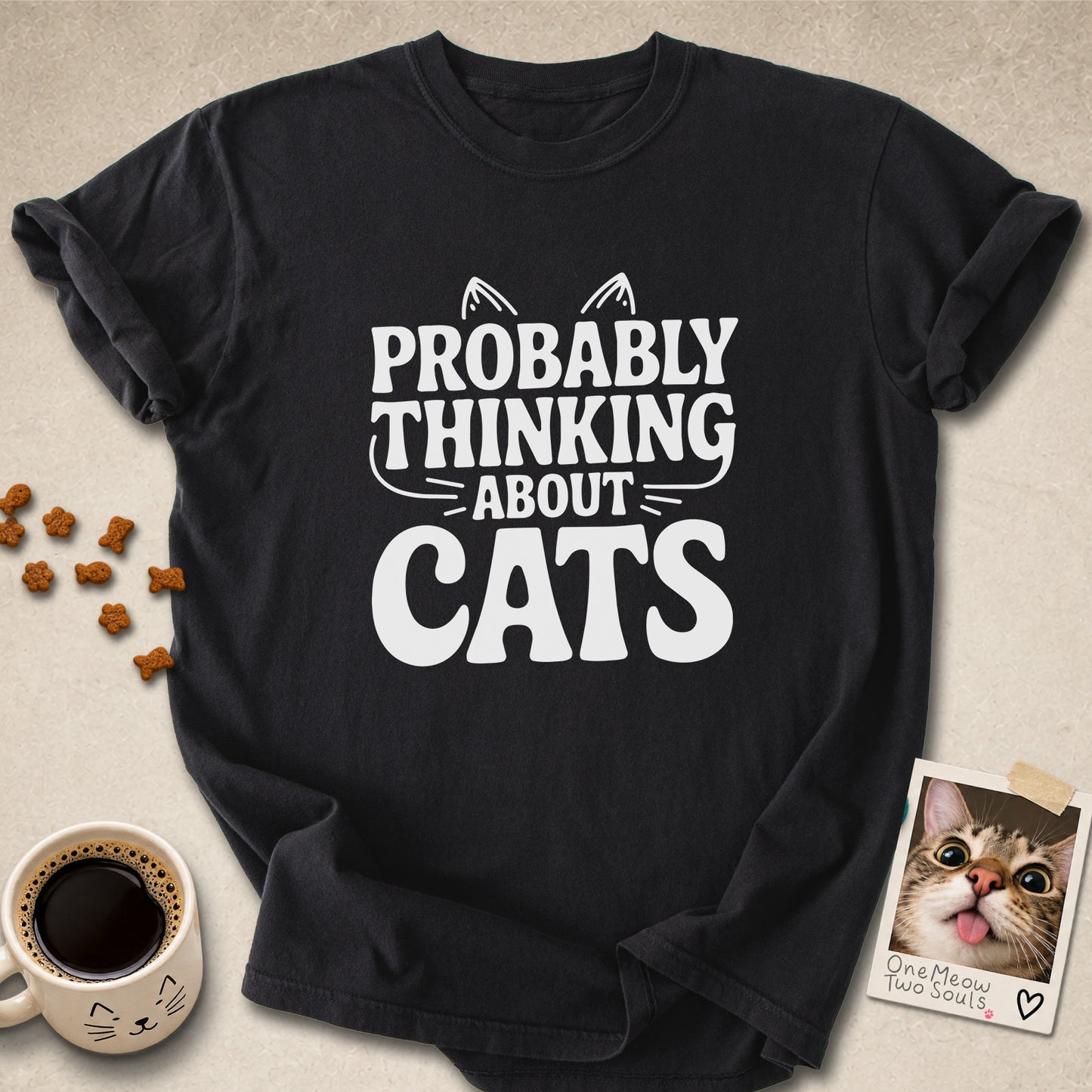Black colored Comfort Colors 1717 cotton T-shirt, featuring a "Probably thinking about cats" funny cat design illustration. One Meow Two Souls brand.