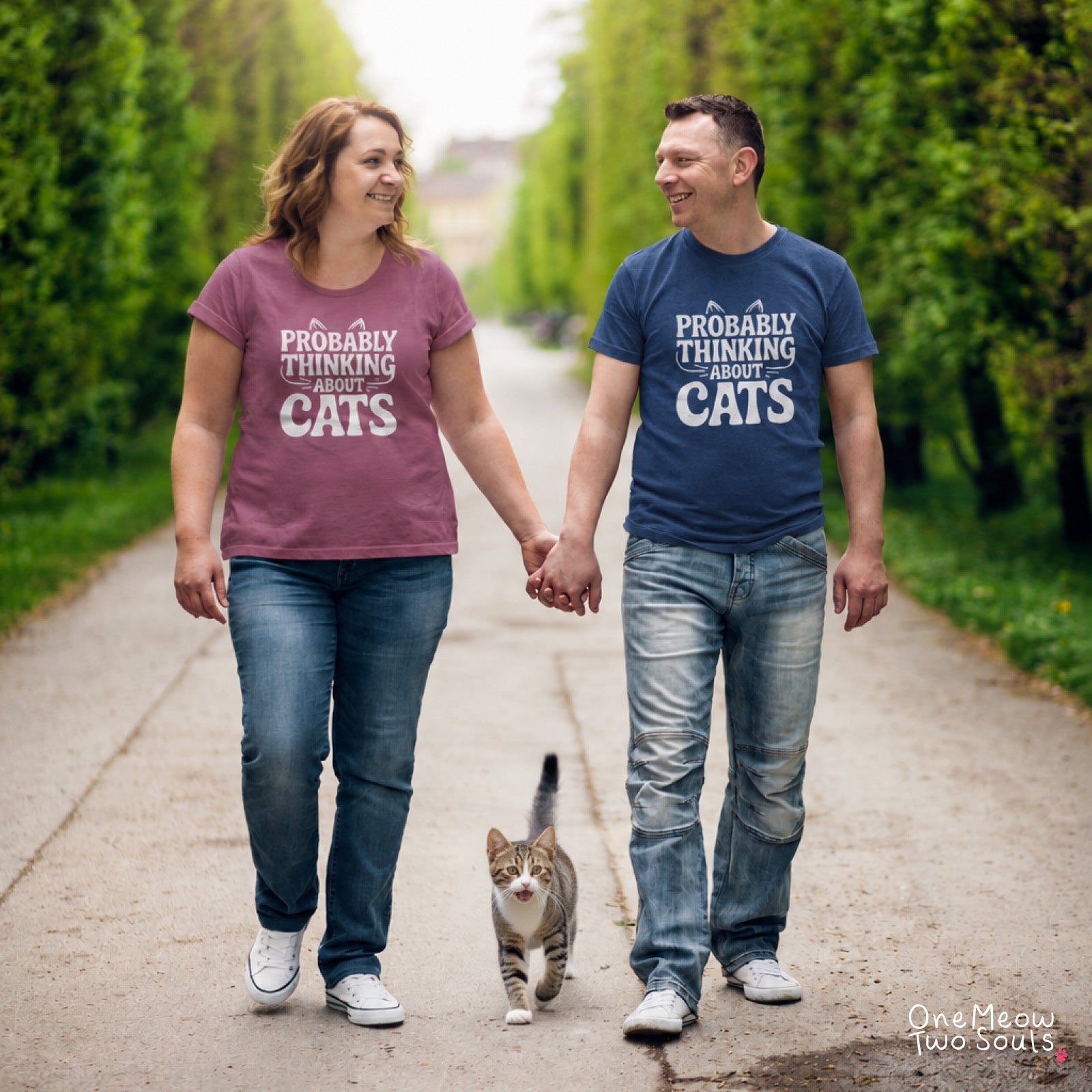 Berry and Navy colored Comfort Colors 1717 cotton T-shirt, featuring a "Probably thinking about cats" funny cat design illustration. One Meow Two Souls brand.