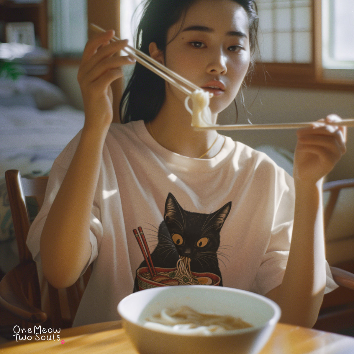 Ivory colored Comfort Colors 1717 cotton T-shirt, featuring a Black cat eating Japanese ramen noodles. Funny cat design illustration. One Meow Two Souls brand.